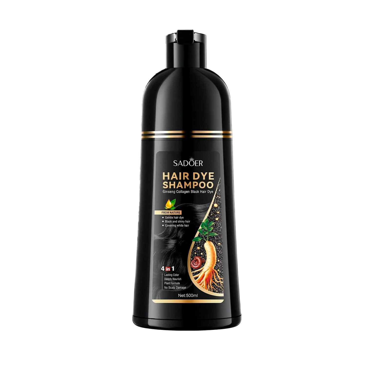 Фарбувальний шампунь для волосся Sadoer Ginseng Collagen Hair Dye Shampoo, Natural Black, 500 мл