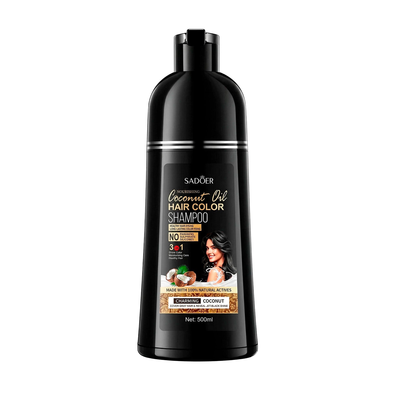 Фарбувальний шампунь для волосся Sadoer Nourishing Coconut Oil Hair Color Shampoo, Natural Black, 500 мл